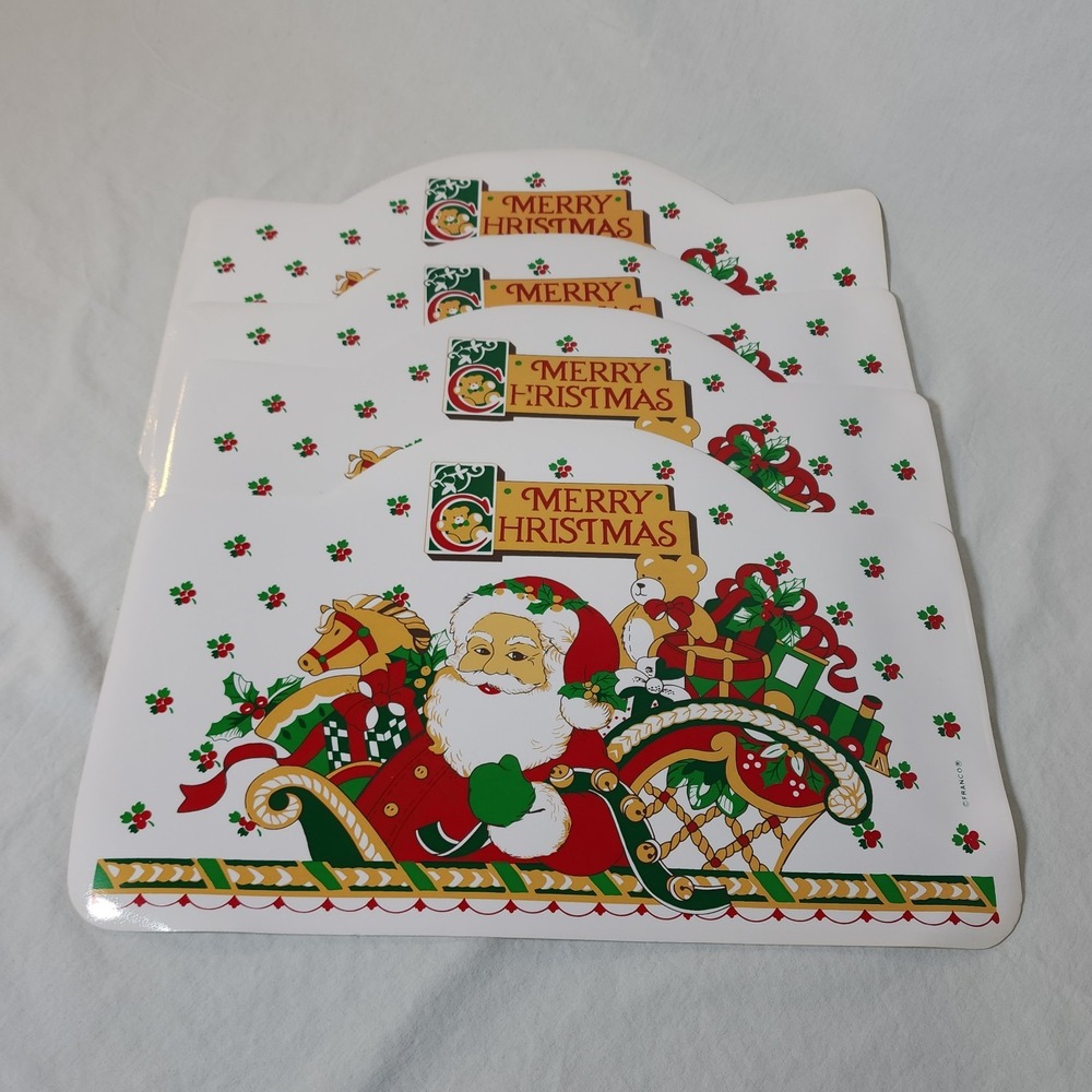 Vinyl Placemats Franco Merry Christmas Santa Lot of 4 Vintage 18 x 12 Retro